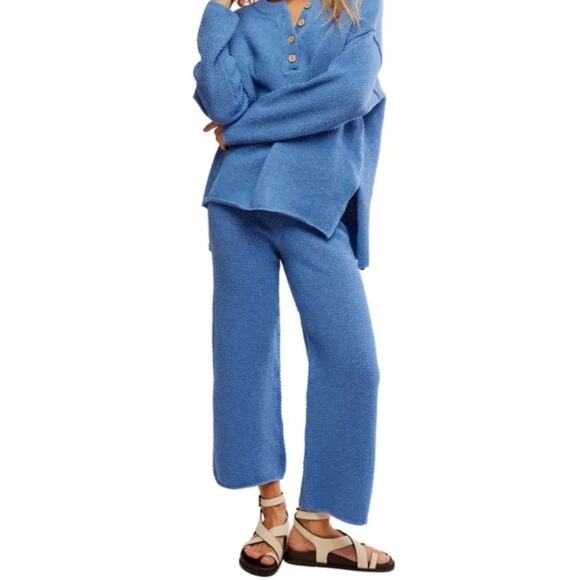 FREE PEOPLE FP BEACH Picnic Casual Pants •XS• Blue cropped Lettuce Hem Pull On - Picture 1 of 14